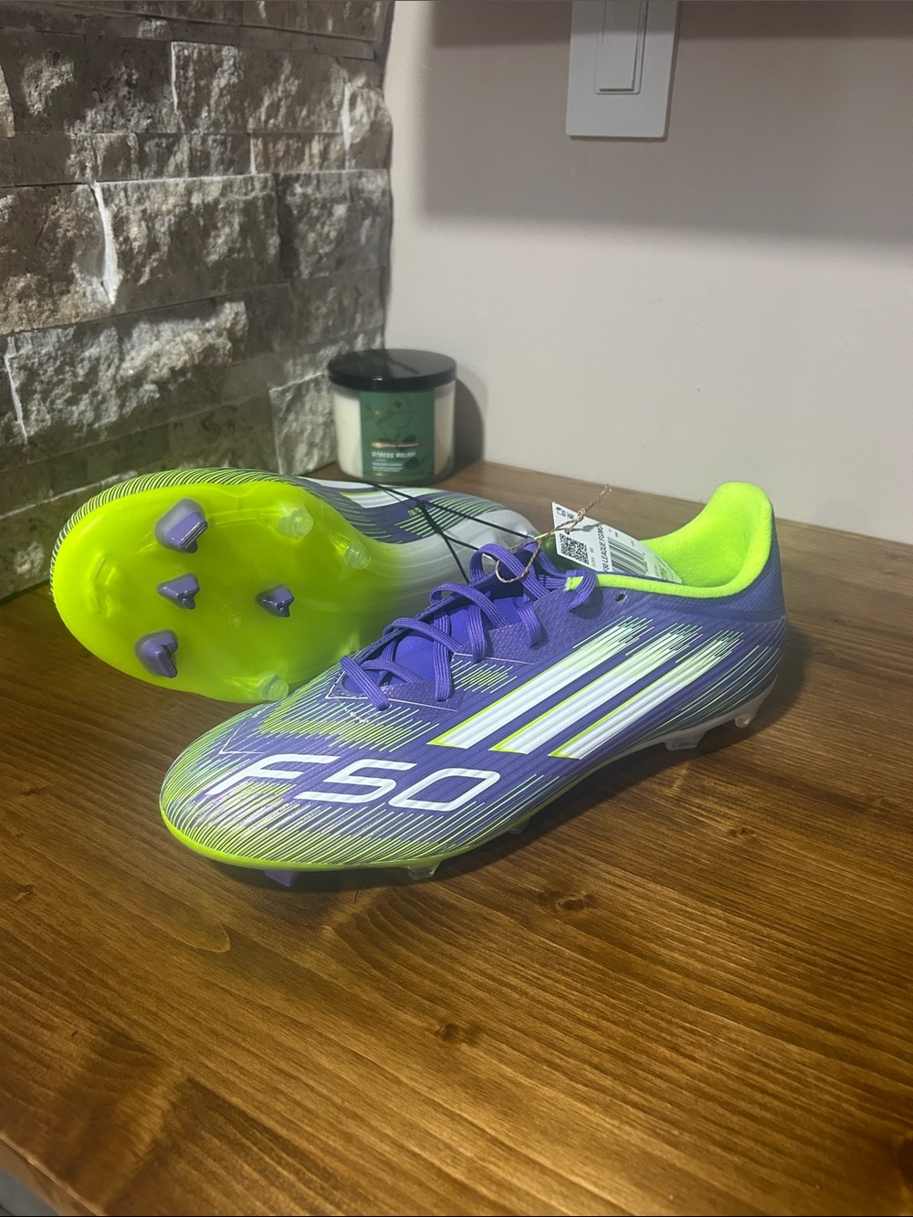 Adidas F50 League FG/MG soccer cleats purple/lucid lemon. Men’s 11.5 women 12.5